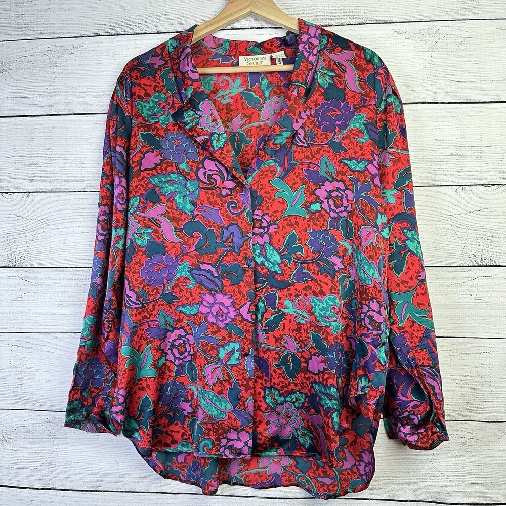 Victorias Secret Vtg 80s Blouse Gold‎ Label Floral 100% Silk Top Womens Sz Small